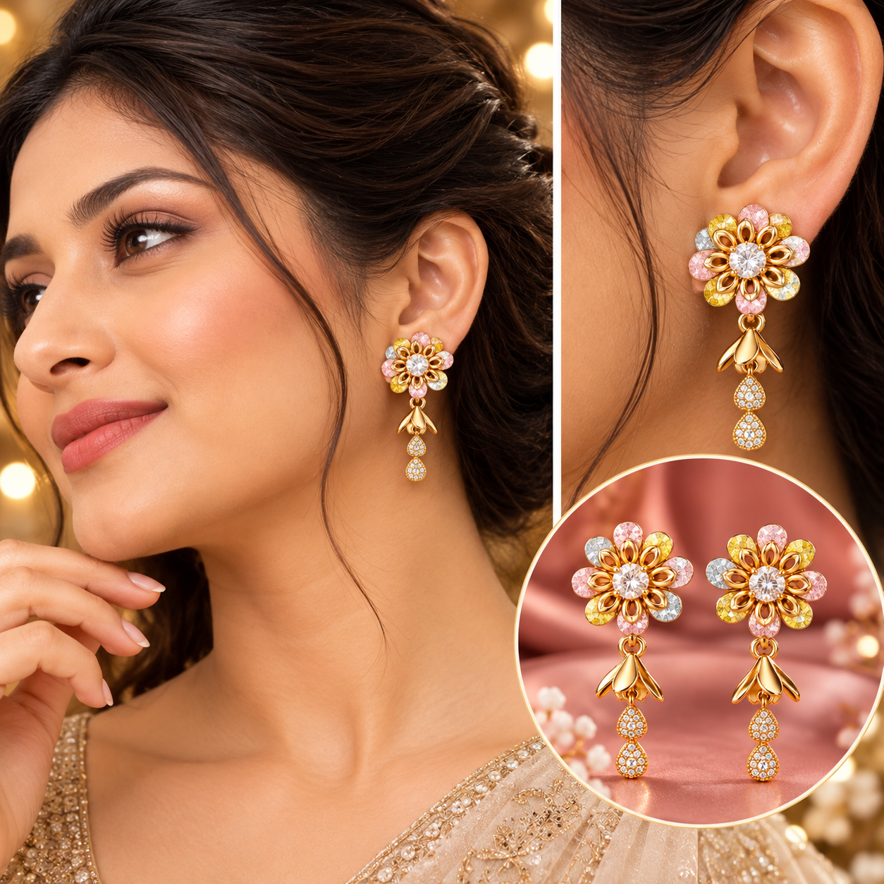 Multicolor Pastel Floral Solitaire Drop Gold Earrings